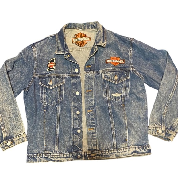 VNTG HARLEY DAVIDSON TRUCKER JACKET W/PATCHES & PINS MADE IN THE USA Acid washed - Picture 5 of 16